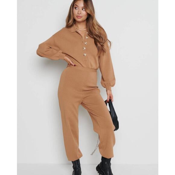 Pretty Lavish Darcie Knit Jumpsuit Brown Large - Picture 1 of 12